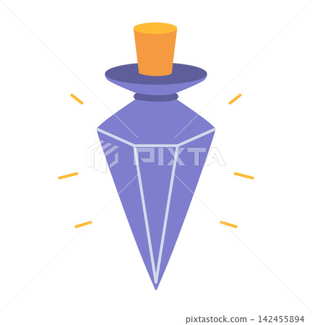 Faceted potion bottle with a cork and glowing accents. Magical Halloween prop for spells, witchcraft, fantasy, and mystical seasonal designs. Flat vector illustration isolated on white background Faceted potion bottle with a cork and glowing accents. Magical Halloween prop for spells, witchcraft, fantasy, and mystical seasonal designs. Flat vector illustration isolated on white background 142455894