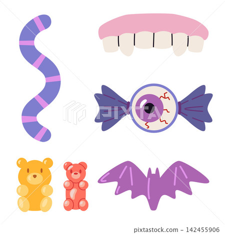 Set of colorful Halloween gummy candies in different shapes, including an eyeball, bat and jelly bears. Flat vector illustration isolated on white background 142455906