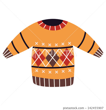 Warm classic sweater with a traditional argyle pattern, perfect for cozy autumn and winter fashion designs. Flat vector illustration isolated on white background Warm classic sweater with a traditional argyle pattern, perfect for cozy autumn and winter fashion designs. Flat vector illustration isolated on white background 142455907