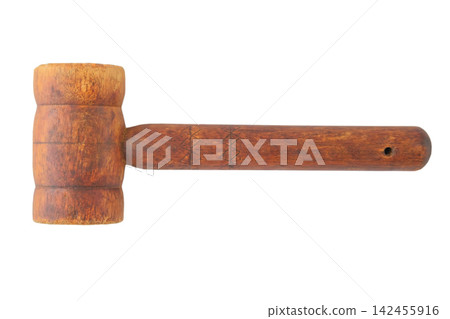 Wooden meat tenderizer isolated on white background. Vintage kitchen gadget. Old kitchen tool. Wooden meat tenderizer isolated on white background. Vintage kitchen gadget. Old kitchen tool. 142455916