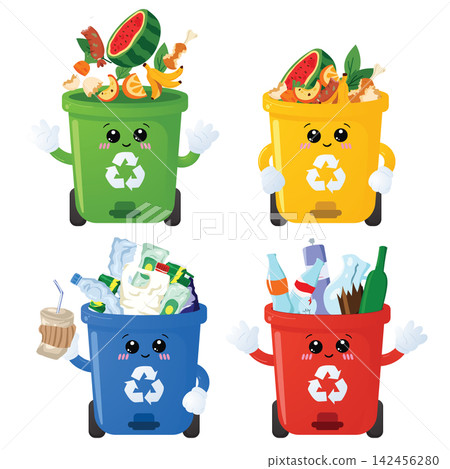 Four Colorful Recycling Bins with Food, Plastic and Household Waste Collection Four Colorful Recycling Bins with Food, Plastic and Household Waste Collection 142456280