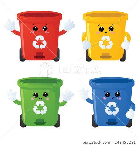 Colorful Recycling Bins Set for Household Waste Sorting and Environmental Awareness Colorful Recycling Bins Set for Household Waste Sorting and Environmental Awareness 142456281