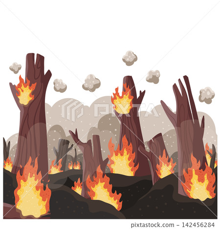 Wildfire Burning Forest with Charred Trees, Flames and Smoke Wildfire Burning Forest with Charred Trees, Flames and Smoke 142456284