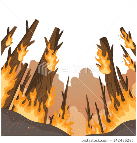 Burning Forest Landscape with Charred Trees and Wildfire Flames Burning Forest Landscape with Charred Trees and Wildfire Flames 142456285