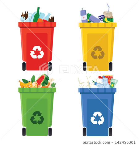 Four Colorful Recycling Bins for Household Waste Sorting and Environmental Protection Four Colorful Recycling Bins for Household Waste Sorting and Environmental Protection 142456301