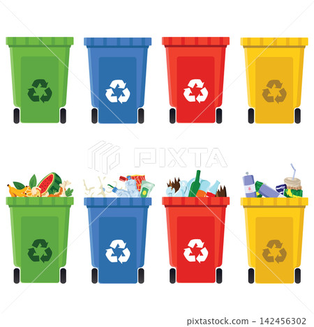 Set of Colorful Recycling Containers for Waste Separation and Sustainable Living Set of Colorful Recycling Containers for Waste Separation and Sustainable Living 142456302