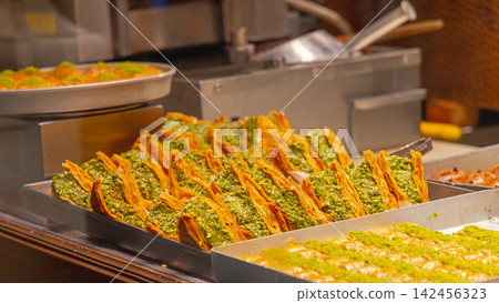 Turkish Baklava Pistachios Trays Turkish Baklava Pistachios Trays 142456323