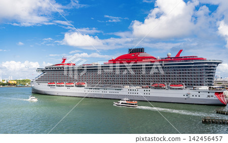 Aerial view luxury liner voyage. Ship departing port. Miami tour. Cruise ship voyage. Aerial cruise vacation in summertime. Cruise ship tour. Travel adventure. Luxury vessel Aerial view luxury liner voyage. Ship departing port. Miami tour. Cruise ship voyage. Aerial cruise vacation in summertime. Cruise ship tour. Travel adventure. Luxury vessel 142456457