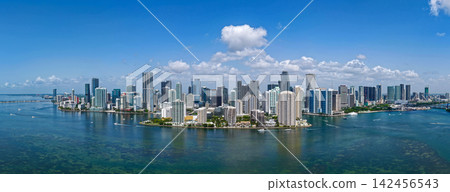 Aerial panorama of Brickell in Miami. Downtown Miami skyline on a sunny day. Scenic view of Miami Beach and Brickell. Miamis Skyscrapers. Brickell famous landmarks. Miami downtown landscape. 142456543