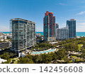 Miami Beach on blue sky. Skyline aerial view. Miami city. Tropical Miami scene. Miami district sky view. 142456608