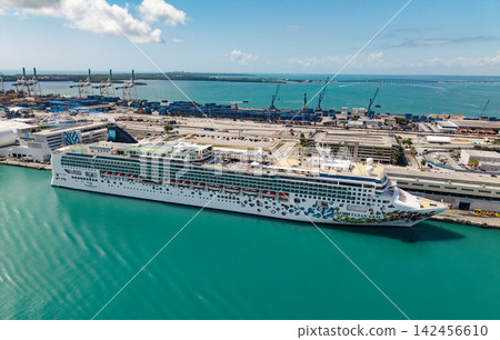 Miami, Florida, USA - March 31, 2025: Norwegian cruise line. Cruise ship tour and travel at sea. Ship in Miami port. NCL. Norwegian Gem cruise ship voyage. Cruise in summer vacation 142456610