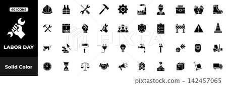 Labor Day Solid Icon Set with Workers, Construction Tools, Safety Equipment and Workplace Symbols Labor Day Solid Icon Set with Workers, Construction Tools, Safety Equipment and Workplace Symbols 142457065