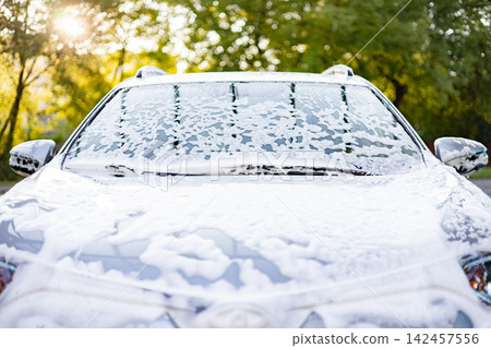A car is covered in white foam during a wash, with sunlight filtering through trees in the background 142457556