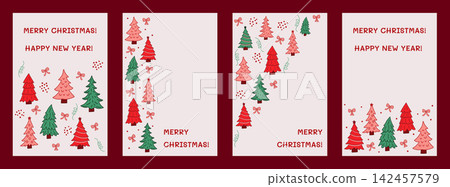 TITLE Merry christmas social media story template set featuring red and pink christmas trees, bows, and festive lettering, winter holiday flat vector illustration TITLE Merry christmas social media story template set featuring red and pink christmas trees, bows, and festive lettering, winter holiday flat vector illustration 142457579