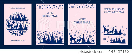 Blue christmas greeting card template set with deer silhouettes, winter forest, snow ornament, and happy new year lettering, elegant minimalist seasonal holiday vector illustration Blue christmas greeting card template set with deer silhouettes, winter forest, snow ornament, and happy new year lettering, elegant minimalist seasonal holiday vector illustration 142457580