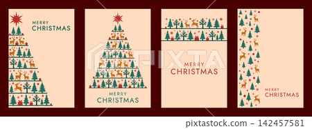 Geometric christmas greeting card template collection with stylized fir tree, deer, star ornament, and merry christmas text, flat seasonal holiday vector illustration 142457581