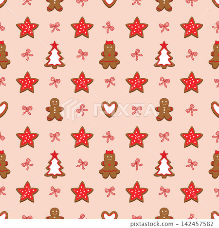 Christmas gingerbread cookies seamless pattern with man, woman, star, and tree shapes with red icing and bows on pastel background, holiday vector illustration Christmas gingerbread cookies seamless pattern with man, woman, star, and tree shapes with red icing and bows on pastel background, holiday vector illustration 142457582
