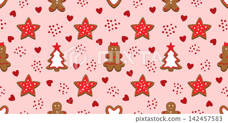 Cute gingerbread man and girl cookie seamless pattern with christmas tree, star, heart, and ribbon bow decor, flat winter holiday vector illustration Cute gingerbread man and girl cookie seamless pattern with christmas tree, star, heart, and ribbon bow decor, flat winter holiday vector illustration 142457583