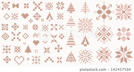 Geometric Christmas cross stitch pattern vector set with snowflakes, hearts, and pine trees, neutral modern folk embroidery holiday motifs illustration for packaging and graphic design Geometric Christmas cross stitch pattern vector set with snowflakes, hearts, and pine trees, neutral modern folk embroidery holiday motifs illustration for packaging and graphic design 142457584