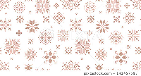 Scandinavian cross stitch snowflake seamless pattern, geometric embroidered winter holiday vector illustration in muted neutral palette for cozy Christmas packaging, greeting cards, fabric printing 142457585
