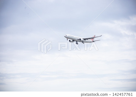 An airplane is flying low over houses as it descends for landing, focus selective An airplane is flying low over houses as it descends for landing, focus selective 142457761