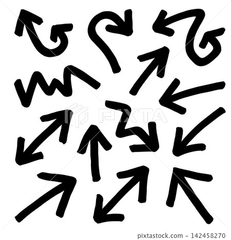 Black hand drawn arrow icon set expressing playful energetic dynamic direction Black hand drawn arrow icon set expressing playful energetic dynamic direction 142458270