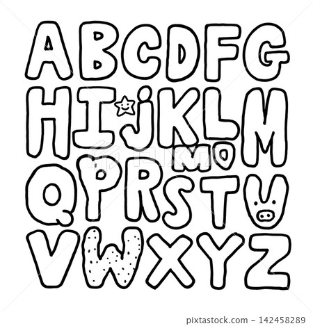 Hand drawn alphabet set for coloring book page offering cheerful outline text design Hand drawn alphabet set for coloring book page offering cheerful outline text design 142458289