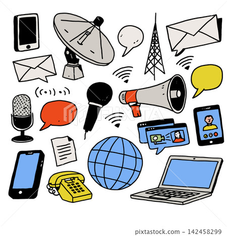 Hand drawn communication equipment icons show connected modern tech mood Hand drawn communication equipment icons show connected modern tech mood 142458299