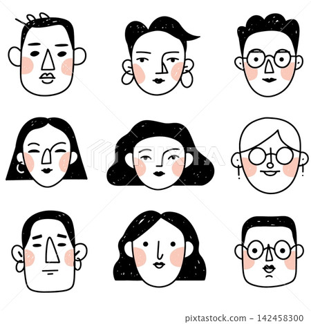 Hand drawn face avatar illustration set showing happy emotion Hand drawn face avatar illustration set showing happy emotion 142458300