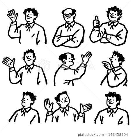 Happy businessman character doodle set showcasing happy expression Happy businessman character doodle set showcasing happy expression 142458304