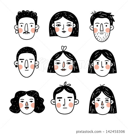 Happy person avatar set, hand drawn cartoon character portrait Happy person avatar set, hand drawn cartoon character portrait 142458306
