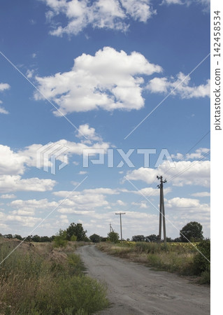 Electricity transmission tower in rural area. High voltage tower and power lines in rural landscape under cloudy sky. 142458534