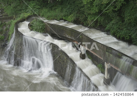 Drone aerial photography of the scenery from Kinbara Dam in Motosu City, Gifu Prefecture. 142458864