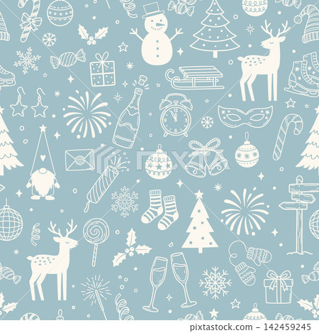 Christmas seamless doodle pattern with white winter icons, reindeer, snowmen, gnomes, gifts, sweets on soft blue background Christmas seamless doodle pattern with white winter icons, reindeer, snowmen, gnomes, gifts, sweets on soft blue background 142459245