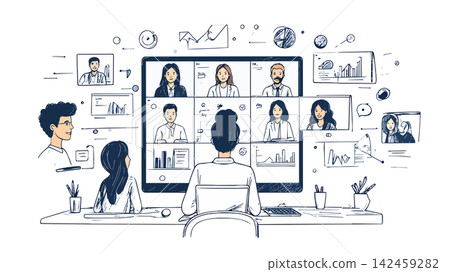 Woman participating in video conference with multiple colleagues Woman participating in video conference with multiple colleagues 142459282