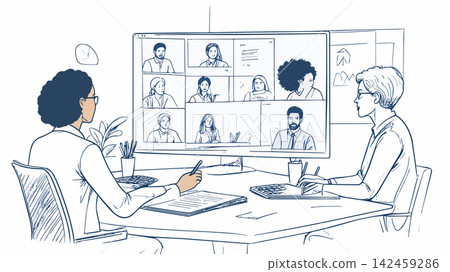 Businesswomen attending online video conference meeting with diverse team Businesswomen attending online video conference meeting with diverse team 142459286