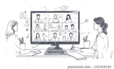 Women participating in online video conference meeting Women participating in online video conference meeting 142459294