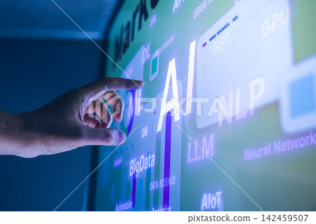 Fingers touching a screen that shows the evolution of AI technology Fingers touching a screen that shows the evolution of AI technology 142459507