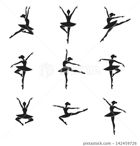 This image presents a selection of vector illustrations in the form of black silhouettes depicting a ballerina 142459726