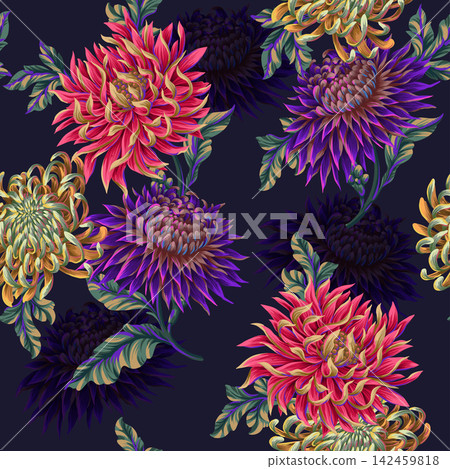 Seamless pattern with chrysanthemums. Vector. 142459818