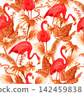 Seamless pattern with flamingos and tropical tress. Vector. 142459838