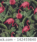 Seamless pattern with flamingos and tropical tress. Vector. 142459840