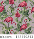 Seamless pattern with flamingos and tropical tress. Vector. 142459843
