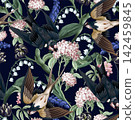 Swallow Seamless Pattern with Flying Birds Spring Flowers and Botanical Garden Blooms Design 142459845