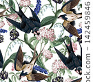 Swallow Seamless Pattern with Flying Birds Spring Flowers and Botanical Garden Blooms Design 142459846
