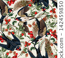 Swallow Seamless Pattern with Flying Birds Wild Berries Flowers and Botanical Forest Branches 142459850
