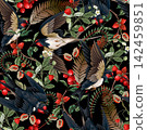 Swallow Seamless Pattern with Flying Birds Wild Berries Flowers and Botanical Forest Branches 142459851