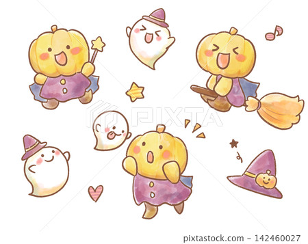 Cute watercolor-style Halloween illustration set featuring pumpkin and ghost characters, perfect for daycare centers and events. Cute watercolor-style Halloween illustration set featuring pumpkin and ghost characters, perfect for daycare centers and events. 142460027