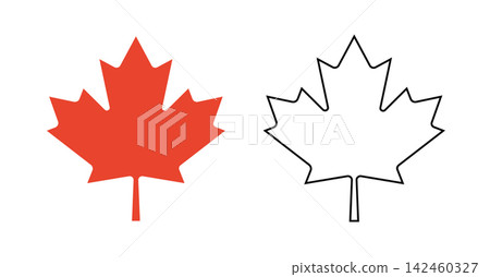 Set of Canada flat symbol maple leaf red, contour black layouts. Maple leaf outline patterns. Maple leaf silhouette simple icons. Maple leaf badge, sticker, button. Set of Canada flat symbol maple leaf red, contour black layouts. Maple leaf outline patterns. Maple leaf silhouette simple icons. Maple leaf badge, sticker, button. 142460327