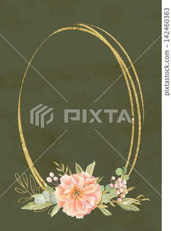 Peony flowers green leaves, berries watercolor vertical frame on textured green. Hand-painted with golden detail, perfect for wedding invitations, branding, packaging, fabric design, cards. Peach tone Peony flowers green leaves, berries watercolor vertical frame on textured green. Hand-painted with golden detail, perfect for wedding invitations, branding, packaging, fabric design, cards. Peach tone 142460363